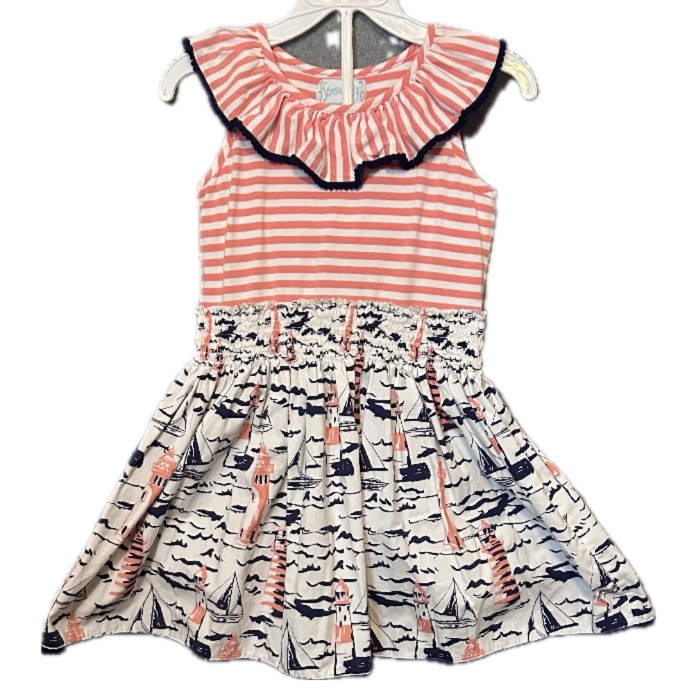 Serendipity peach & white striped & novelty sailboat print dress size 5/6